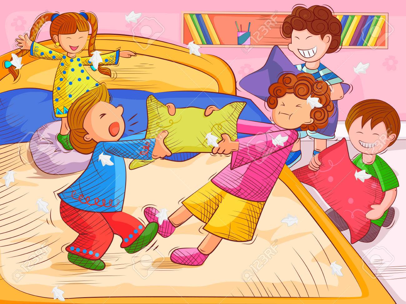 Vector Design Of Kids Doing Pillow Fighting And Enjoying Summer Vacation  Royalty Free SVG, Cliparts, Vectors, and Stock Illustration. Image 76638797., image size:1300x974