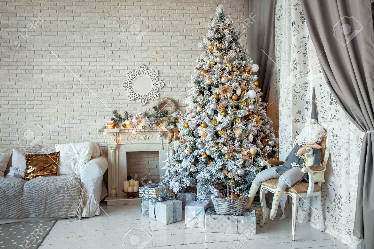 Christmas and New Year decorated interior room with presents and New year tree - 46894147 Christmas and New Year decorated interior room with presents and New year tree - 46894147