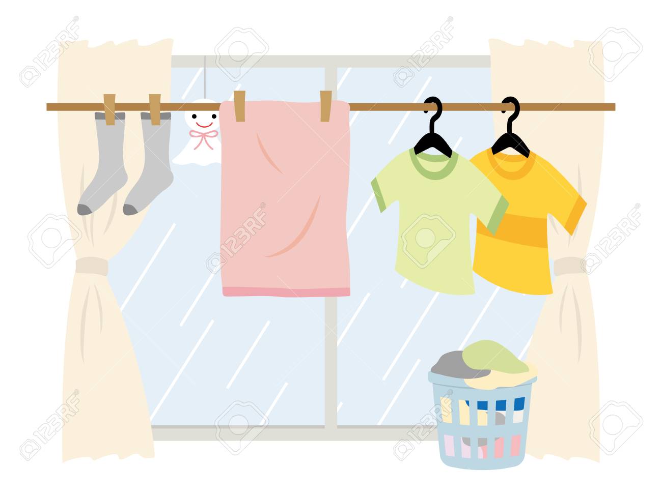 雨の日に洗濯物を室内でハングします のイラスト素材 ベクタ Image