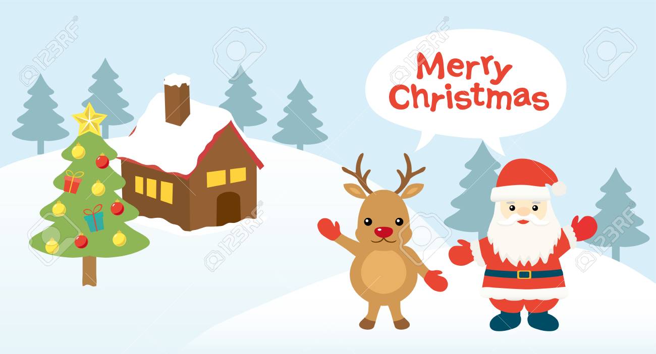 メリー クリスマス サンタ クロースとトナカイの漫画のイラスト素材 ベクタ Image