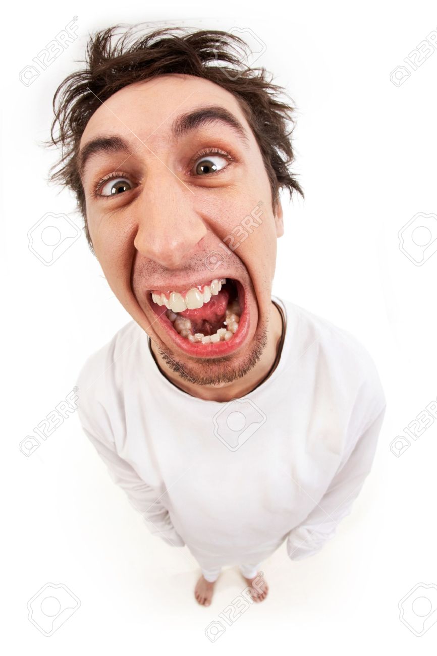 Fish eye shot of screaming insane man in strait-jacket in isolation - 9422582 Fish eye shot of screaming insane man in strait-jacket in isolation - 9422582