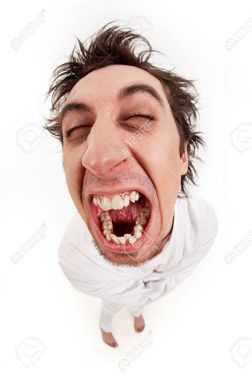 Fish eye shot of screaming insane man in strait-jacket in isolation - 9422585 Fish eye shot of screaming insane man in strait-jacket in isolation - 9422585
