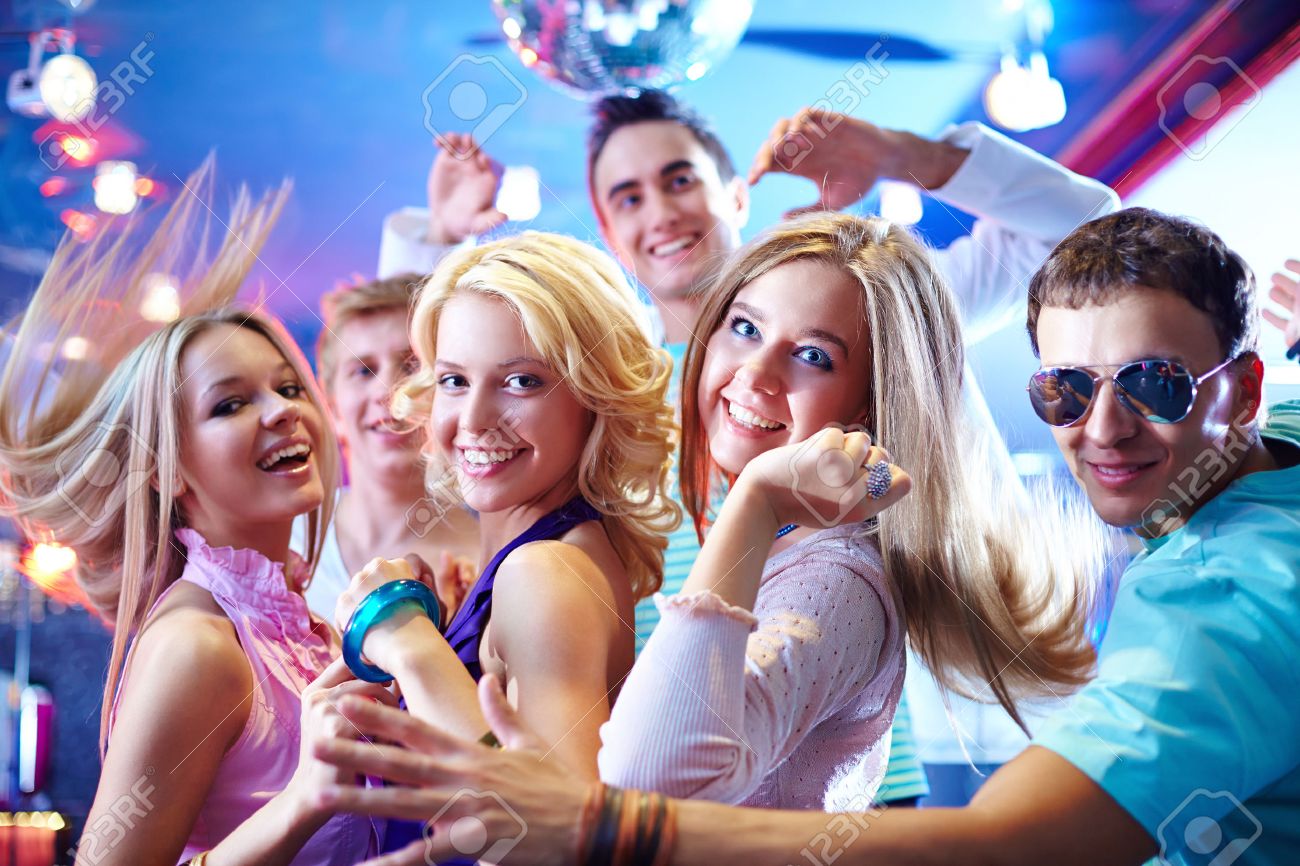 Portrait Of Glamorous Girls Dancing At Party With Happy Friends Near By  Stock Photo, Picture And Royalty Free Image. Image 28753048.