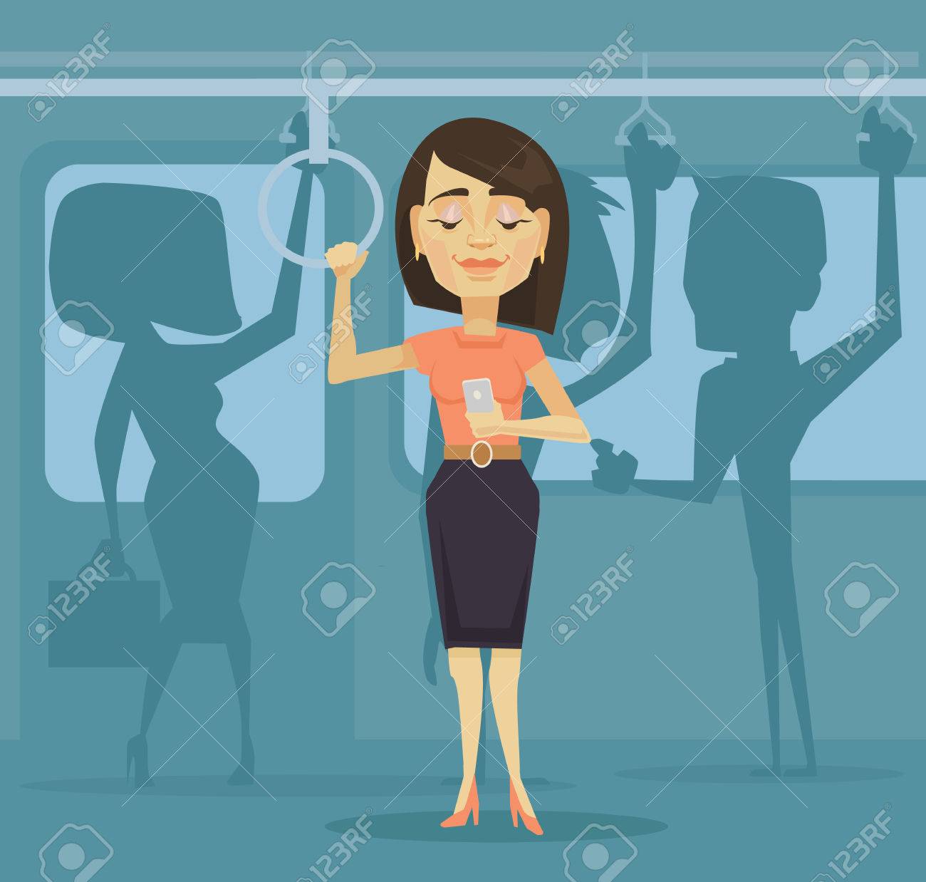Woman character using smartphone in public transport. Vector flat cartoon illustration - 60890142 Woman character using smartphone in public transport. Vector flat cartoon illustration - 60890142