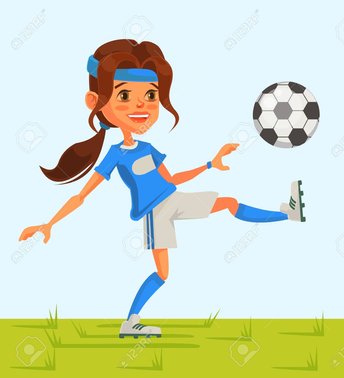 Le Personnage De Petite Fille Joue Au Football Vector Illustration De Dessin Anime Plat Clip Art Libres De Droits Vecteurs Et Illustration Image