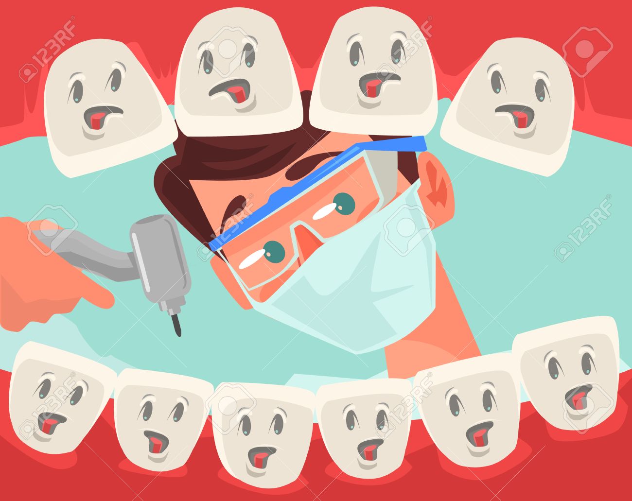 Dentist character looking into open mouth of patient. Vector flat cartoon illustration - 66662396 Dentist character looking into open mouth of patient. Vector flat cartoon illustration - 66662396