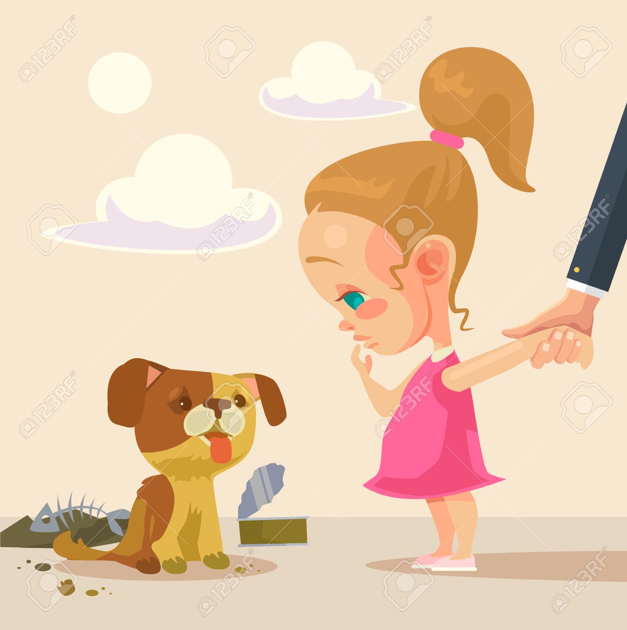 小さな女の子とホームレスの犬 フラット漫画イラストのイラスト素材