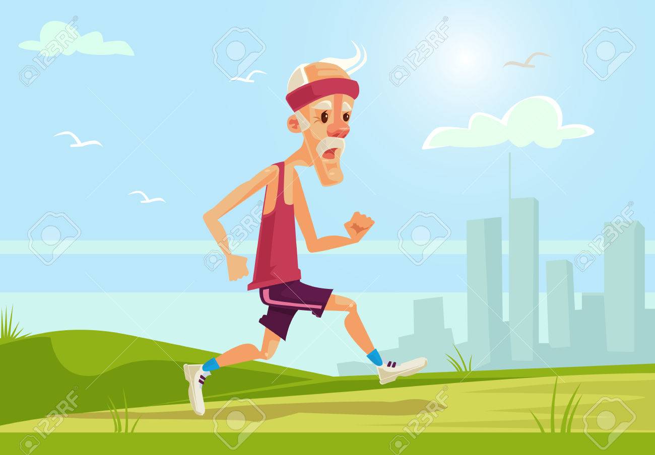 Old sport man character running. Healthy lifestyle. flat cartoon illustration - 67601274 Old sport man character running. Healthy lifestyle. flat cartoon illustration - 67601274