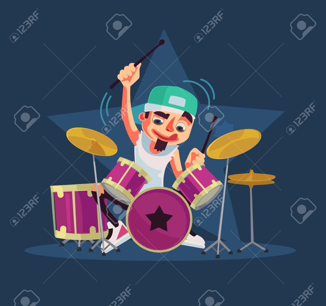 Le Personnage De Batteur Joue De La Batterie Illustration De Dessin Anime Plane Vectorielle Clip Art Libres De Droits Vecteurs Et Illustration Image