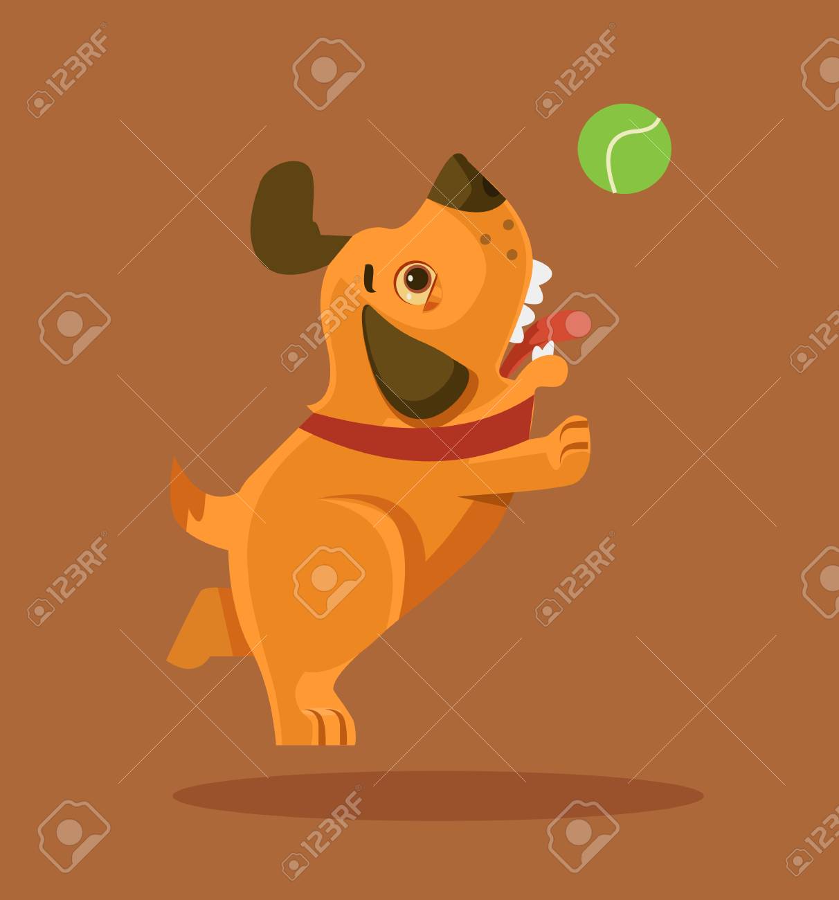 Chien Heureux Chiot Souriant Personnage Jouant Avec Ballon Illustration De Dessin Animé Plane Vectorielle