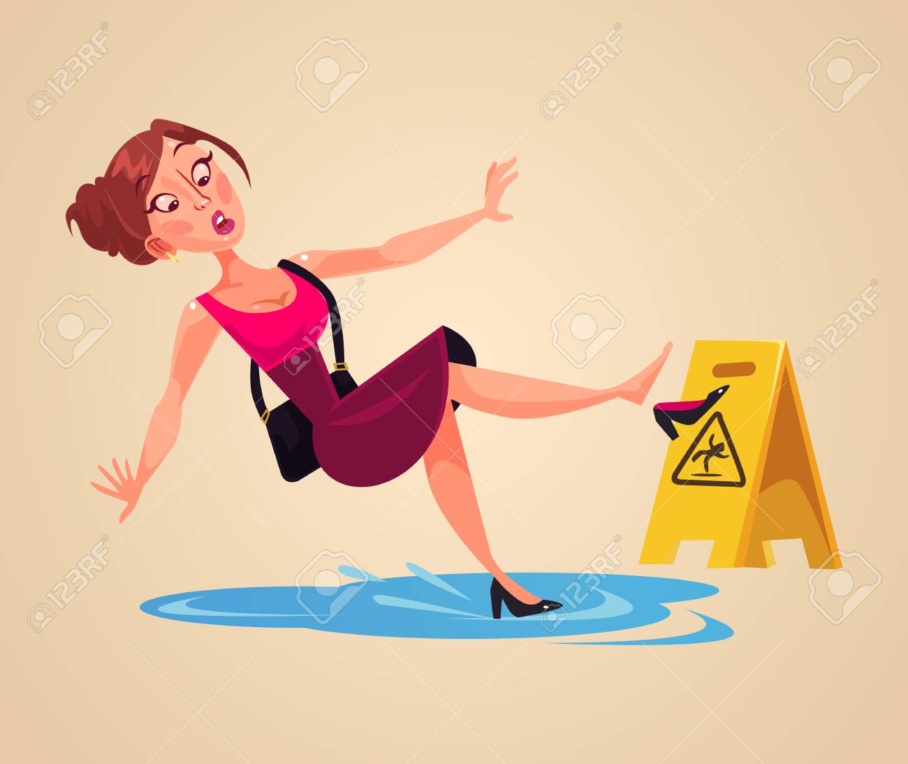 Inconsiderate woman's character slips on wet floor. Vector flat cartoon illustration - 88310828 Inconsiderate woman's character slips on wet floor. Vector flat cartoon illustration - 88310828