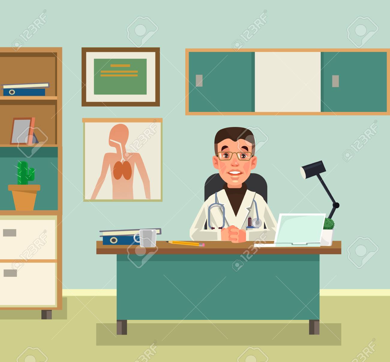 Doctor character waiting at reception. Vector flat cartoon illustration - 95732724 Doctor character waiting at reception. Vector flat cartoon illustration - 95732724