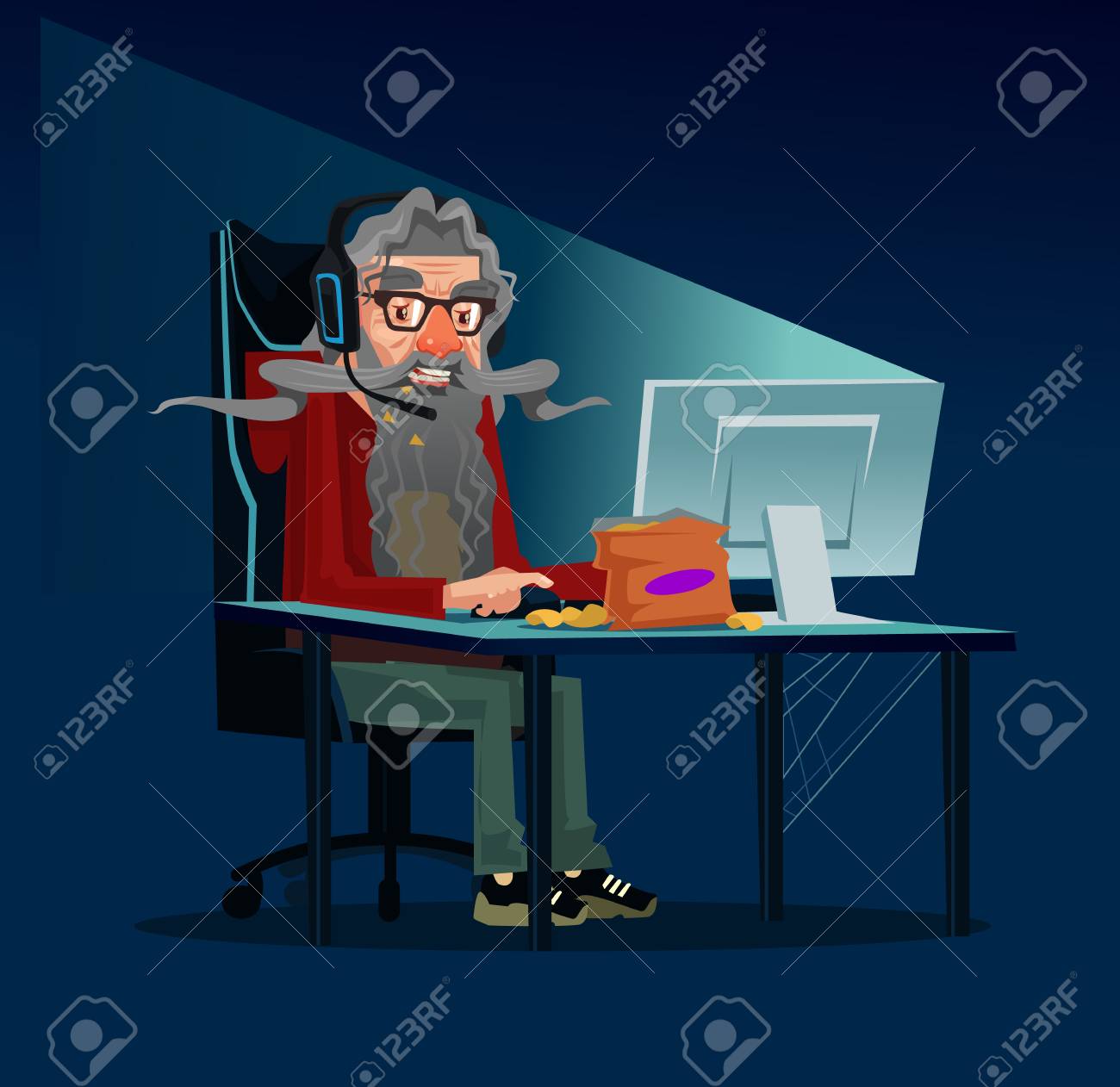 幸せな笑顔現代のおじいちゃんおじいちゃん老人ゲーマーユーザーの写真 フリー ランスの仕事のコンセプト ベクトルフラット漫画グラフィックデザインは 分離されたイラストのイラスト素材 ベクタ Image