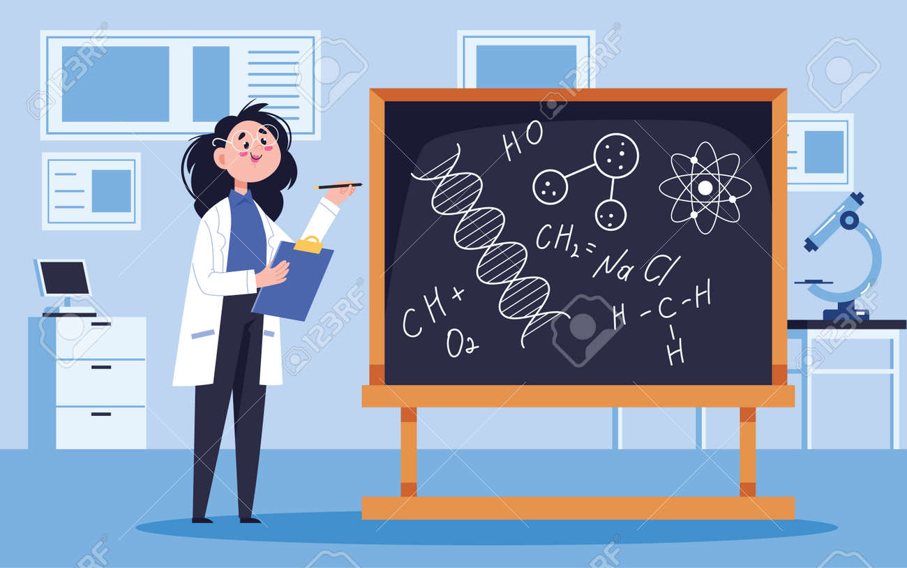 Woman Professor Scientist Character Teaching In Laboratory. Vector Cartoon  Design Illustration Royalty Free SVG, Cliparts, Vectors, and Stock  Illustration. Image 185382984., image size:1300x814