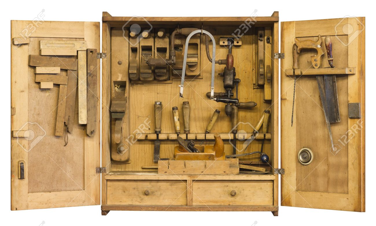 Old Historic Tool Cabinet Filled Woth Woodworking Tools Frontal