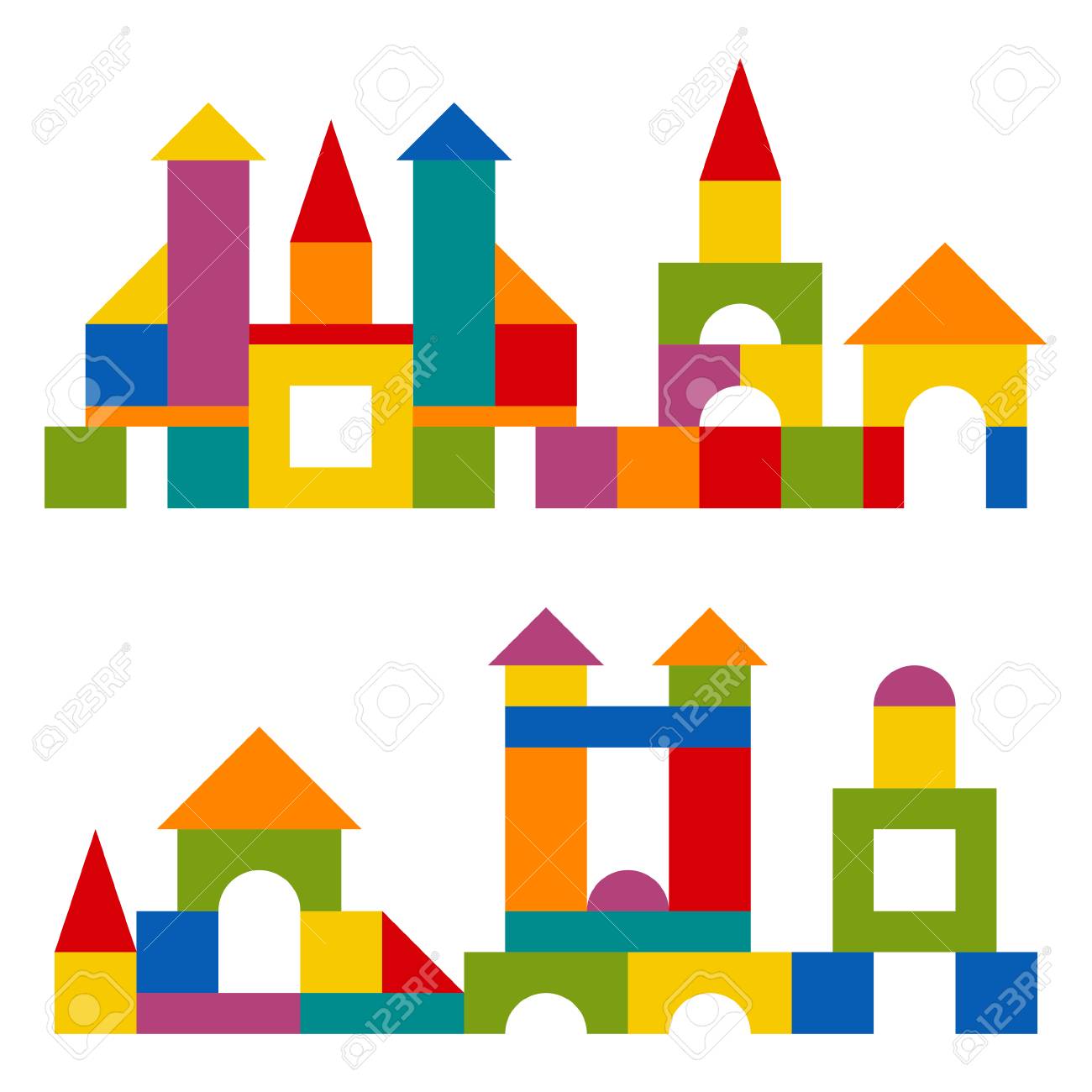 明るいカラフルな木製ブロックのおもちゃ レンガ子供タワー 城 家を構築します ベクトル フラット スタイルのイラストが白い背景に分離されました の イラスト素材 ベクタ Image