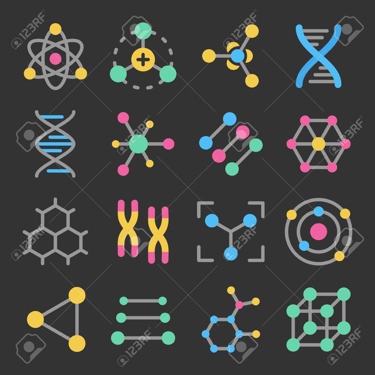 Atoms, molecules, dna, chromosomes colorful vector icon set on dark background. Pharmacy and chemistry, education and science elements and equipment - 121760249 Atoms, molecules, dna, chromosomes colorful vector icon set on dark background. Pharmacy and chemistry, education and science elements and equipment - 121760249