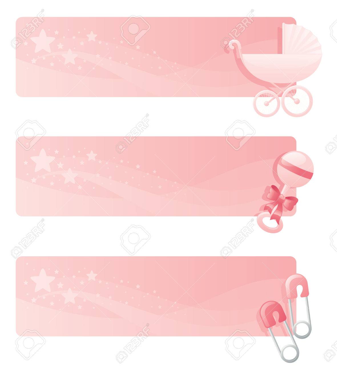 pink baby girl banners with pram rattle and diaper pins royalty