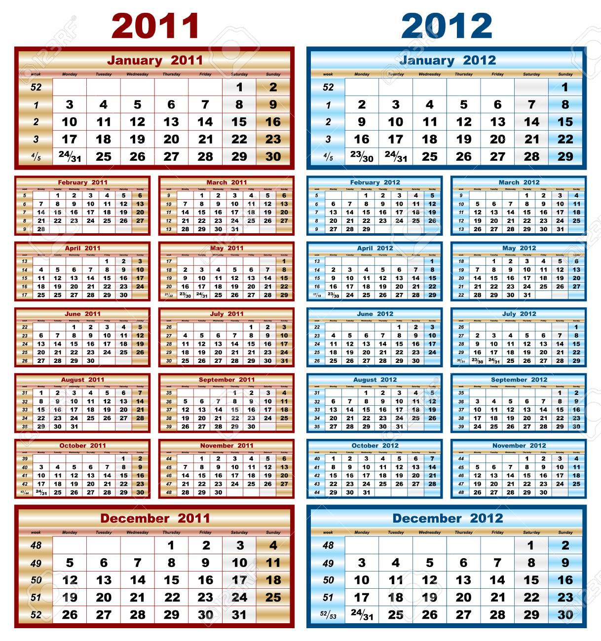 Vector Model Calendar Grid In 2011 And 2012 Royalty Free SVG