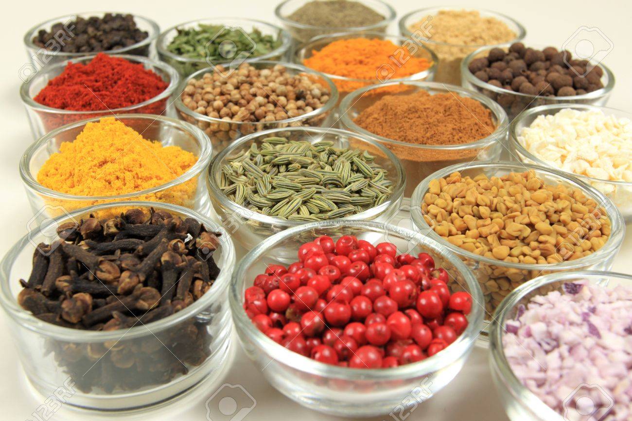 Cuisine ingredients - herbs and spices. Food additives in glass bowls. - 9958960 Cuisine ingredients - herbs and spices. Food additives in glass bowls. - 9958960