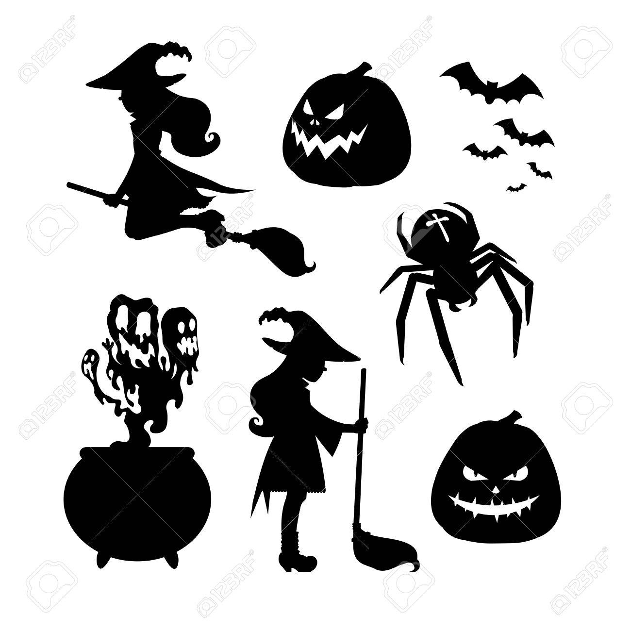 Set Of Halloween Silhouettes A Witch With A Broom Witch Flying