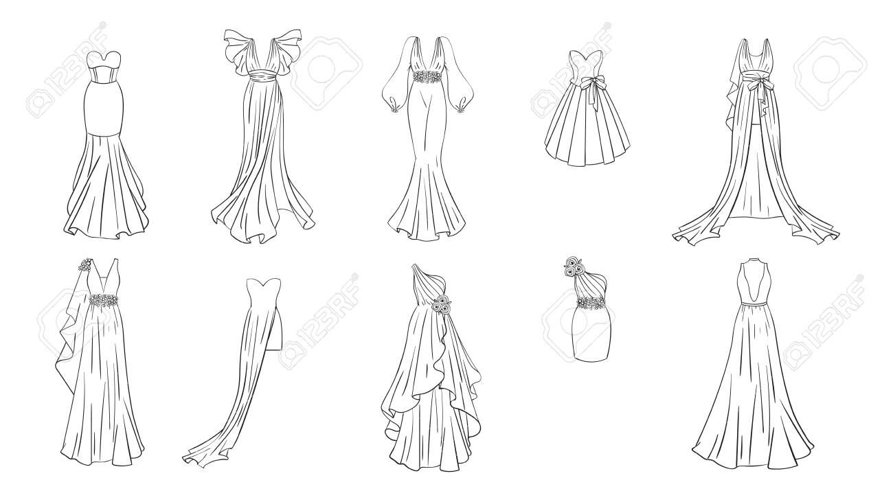 異なるドレスのセット モダンでクラシックなスタイル プロム ガラの夜 結婚式 仮面舞踏会 ポイントのためのドレス 女の子のための着色ページ のイラスト素材 ベクタ Image 異なるドレスのセット モダンでクラシックなスタイル プロム ガラの夜 結婚式 仮面舞踏会 ポイントのためのドレス 女の子のための着色ページ のイラスト素材 ベクタ Image