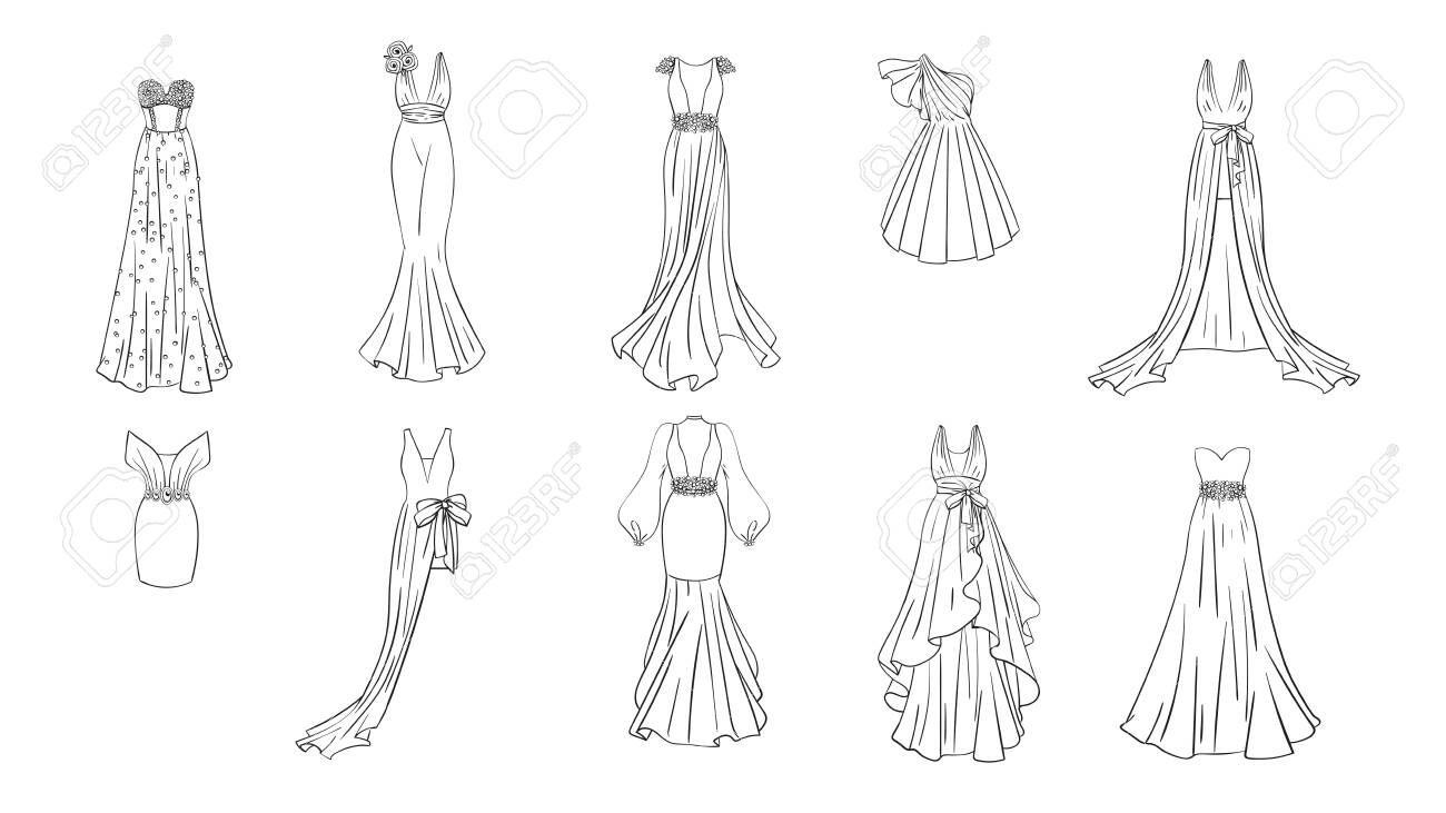 Un Conjunto De Vestidos Diferentes. Estilo Moderno Clásico. Vestidos Para Fiesta De Graduación, Noche De Gala, Boda, Mascarada, Puntos. Página Para Para Niñas. Ilustraciones Svg, Vectoriales, Clip Art Vectorizado Libre