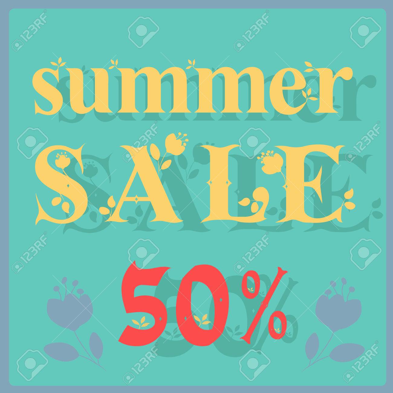 碑文のサマーセール 50 パーセント 花の装飾が施された繊細な黄色の文字 ベクトル図のイラスト素材 ベクタ Image