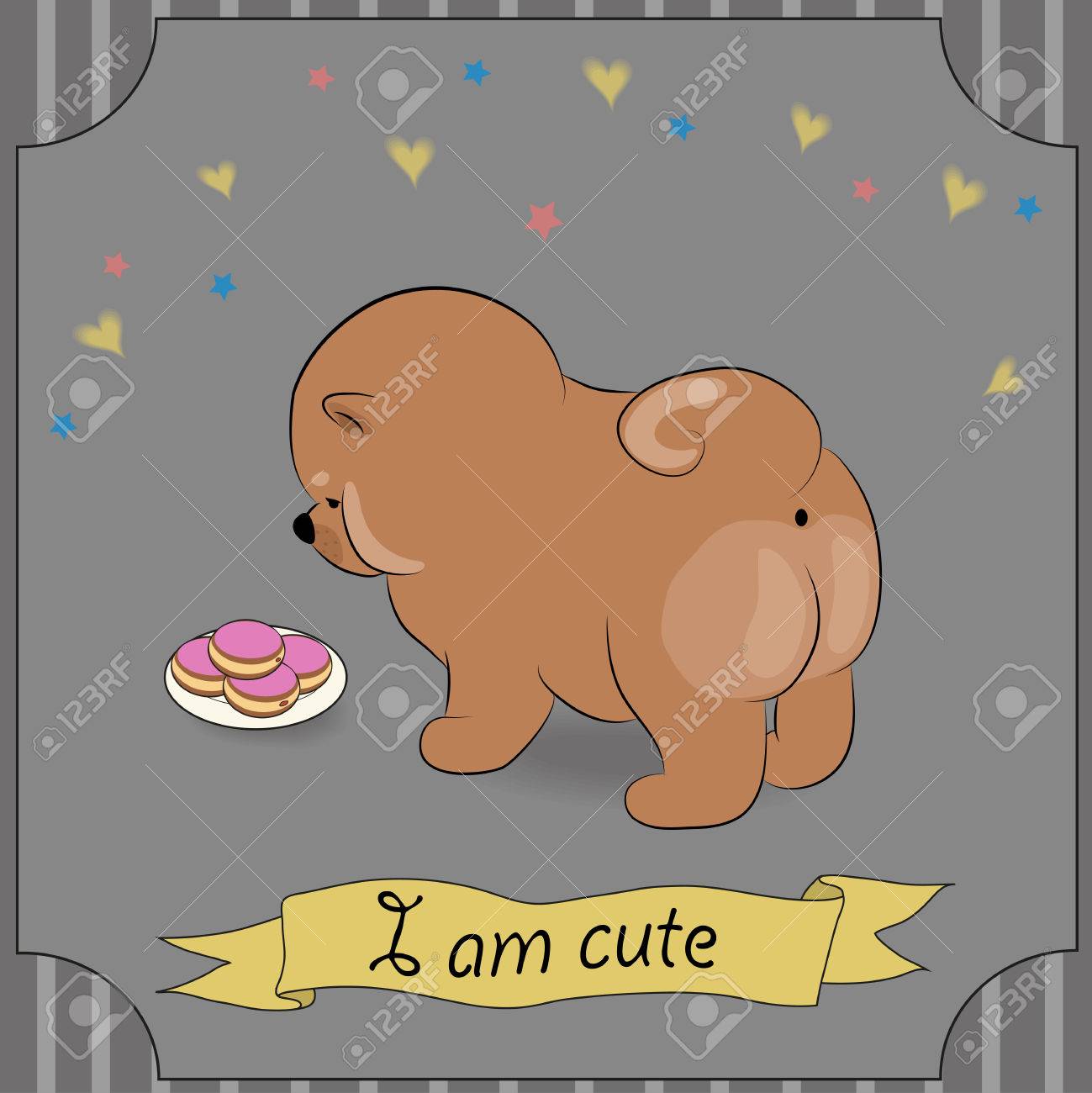ドーナツのかわいい子犬 茶色の犬まぜこぜ ピンク ドーナツのプレートを見て空腹のペット ビンテージ グリーティング カード カラフルな星とハート 灰色の背景 ストライプ フレーム 黄色のバナーです 私はかわいい碑文です イラスト の写真素材 画像素材
