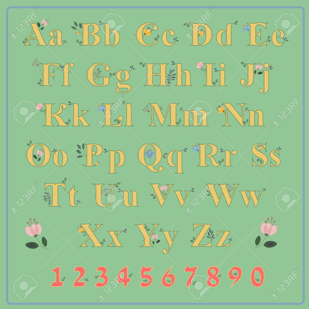 Polices Florales De Pays Dété Alphabet Artistique Ethnique Lettres Jaunes Et Chiffres Rouges Avec Décor Floral Aquarelles Fleurs Et Plantes