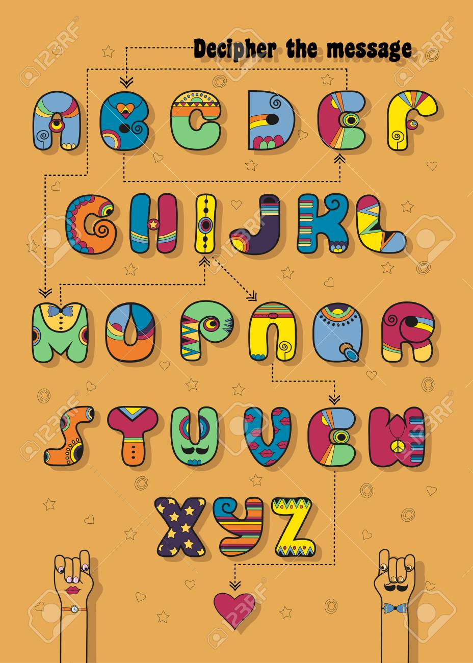 暗号化されたロマンチックなメッセージBe Mineと芸術的なアルファベット。明るい装飾と漫画ディスコの手紙。お互いを見て面白い手。赤い心はメッセージの終わりです。ベクトルのイラストのイラスト素材・ベクター  Image 95051615