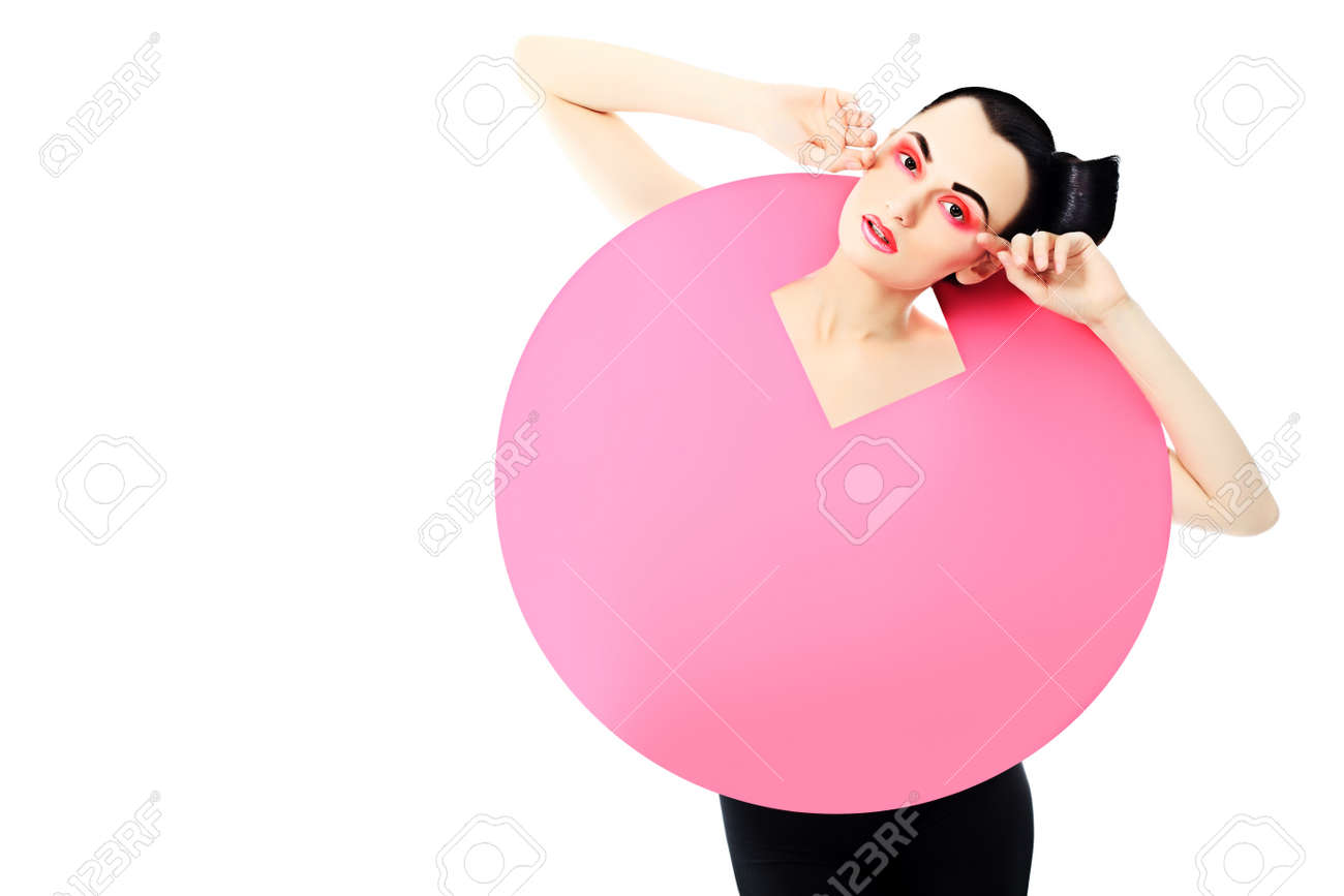 Fashion shot of an attractive model. Make-up. Shapes concept. Isolated over white background. - 9837242 Fashion shot of an attractive model. Make-up. Shapes concept. Isolated over white background. - 9837242