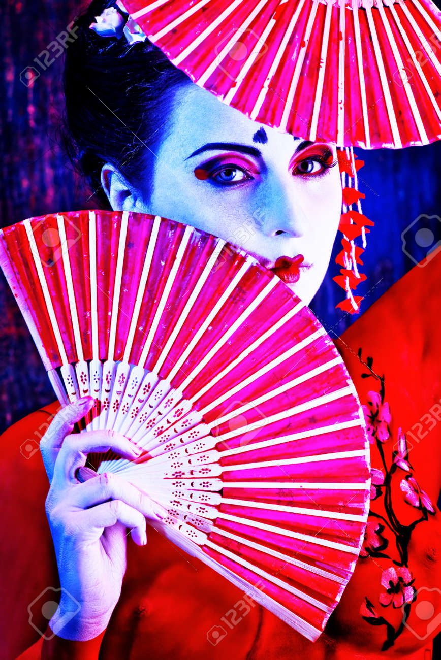 Art Portrait Of A Stylized Japanese Geisha With Fan. Body Painting Project.  Stock Photo, Picture and Royalty Free Image. Image 20623434., image size:868x1300