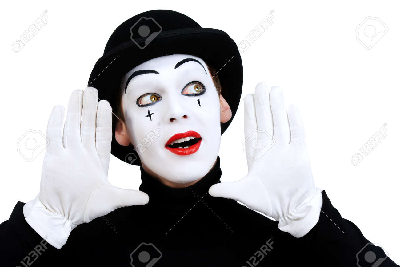 portrait of a male mime artist isolated over white stock photo