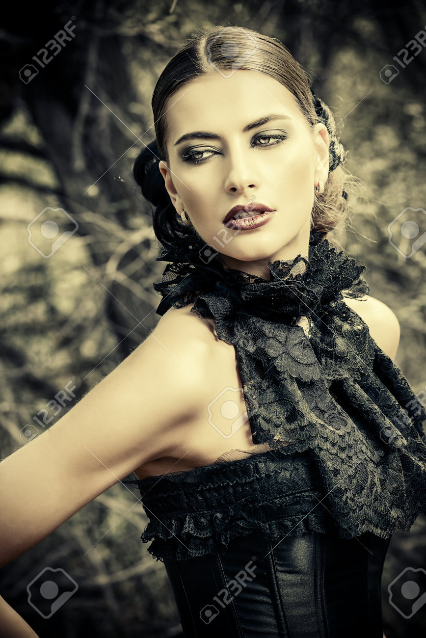 Close Up Portrait Of A Beautiful Gothic Woman Make Up Hairstyle