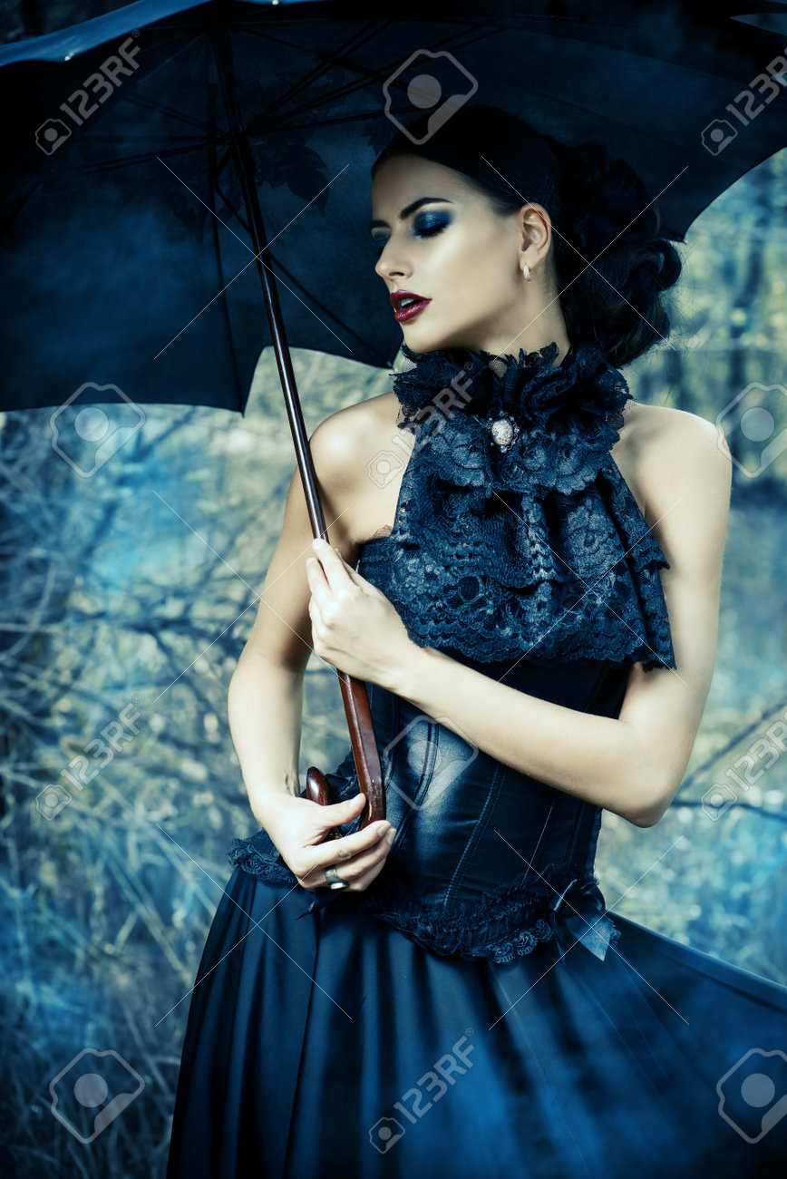 Close Up Portrait Of A Beautiful Gothic Woman Make Up Hairstyle