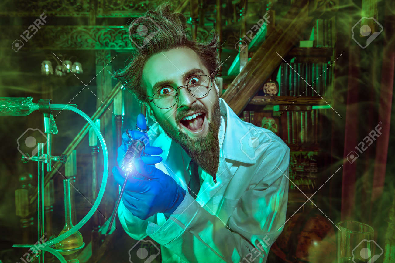 Portrait Of A Mad Scientist Obsessively Conducting Scientific Experiments  In His Laboratory To Bring His Crazy Idea To Life. Science Fiction. Stock  Photo, Picture and Royalty Free Image. Image 181468016., image size:1300x867
