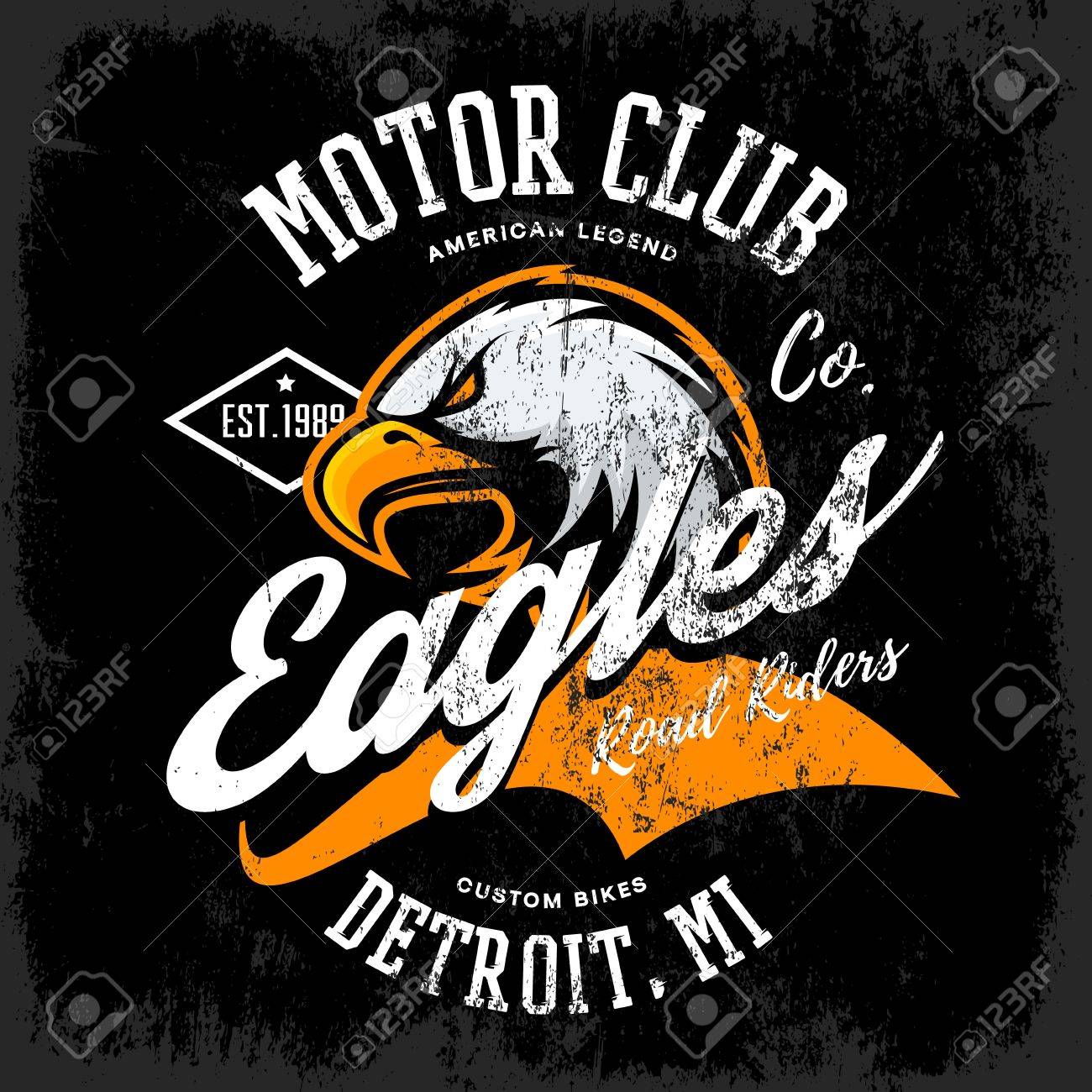 Vintage American furious eagle custom bike motor club tee print vector design isolated on dark background. Michigan, Detroit street wear t-shirt emblem. Premium quality wild bird superior logo concept illustration. - 73479289 Vintage American furious eagle custom bike motor club tee print vector design isolated on dark background. Michigan, Detroit street wear t-shirt emblem. Premium quality wild bird superior logo concept illustration. - 73479289