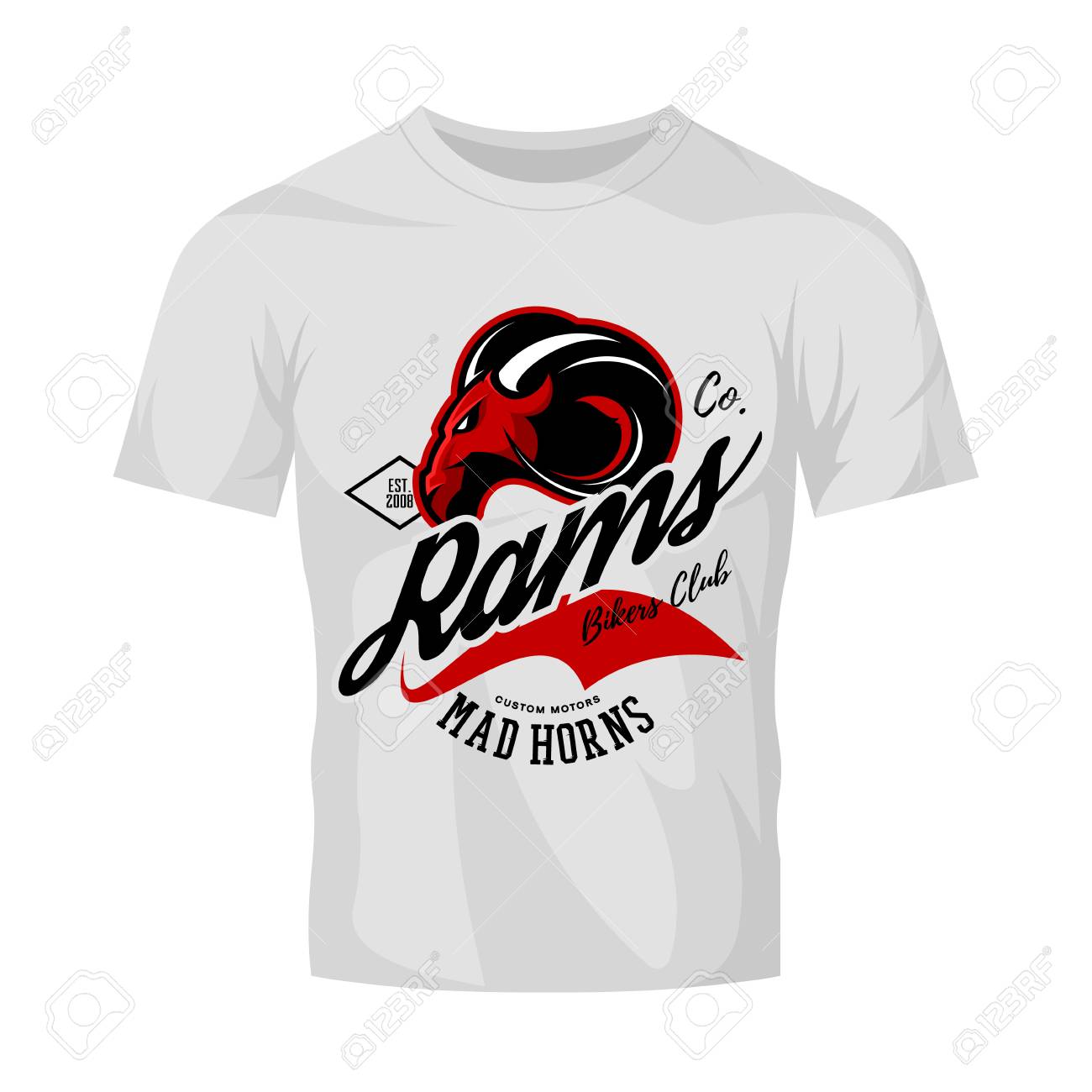 Vintage American furious ram bikers club tee print vector design isolated on white t-shirt mockup. Street wear t-shirt emblem. Mascot logo concept illustration. - 77756778 Vintage American furious ram bikers club tee print vector design isolated on white t-shirt mockup. Street wear t-shirt emblem. Mascot logo concept illustration. - 77756778