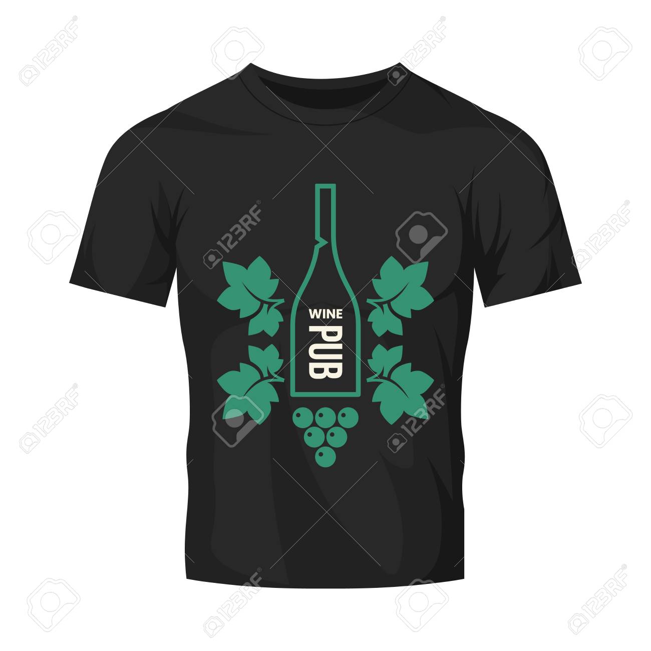 Modern wine vector logo sign for tavern, restaurant, house, shop, store, club and cellar isolated on black t-shirt mock up. Premium quality vinery logotype illustration. Fashion badge design template. - 120438778 Modern wine vector logo sign for tavern, restaurant, house, shop, store, club and cellar isolated on black t-shirt mock up. Premium quality vinery logotype illustration. Fashion badge design template. - 120438778