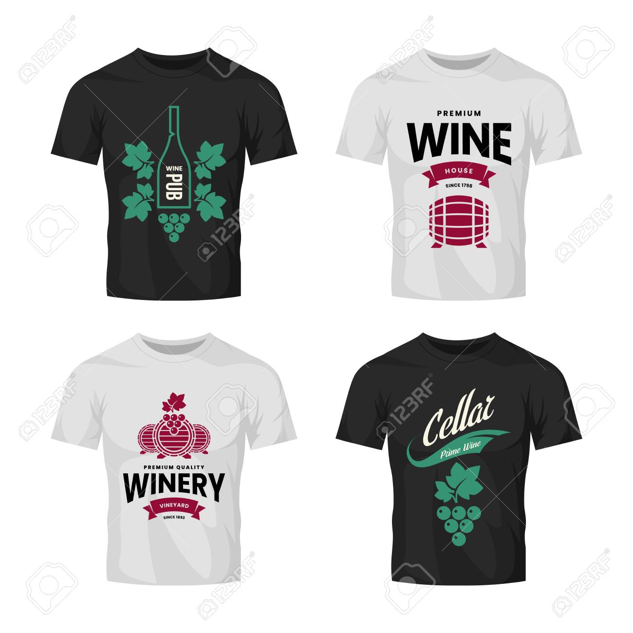 Modern wine vector logo collection for tavern, restaurant, house, shop, store, club and cellar on t-shirt mock up. Premium quality vinery logotype illustration set. Brand badge design template bundle. - 120438791 Modern wine vector logo collection for tavern, restaurant, house, shop, store, club and cellar on t-shirt mock up. Premium quality vinery logotype illustration set. Brand badge design template bundle. - 120438791