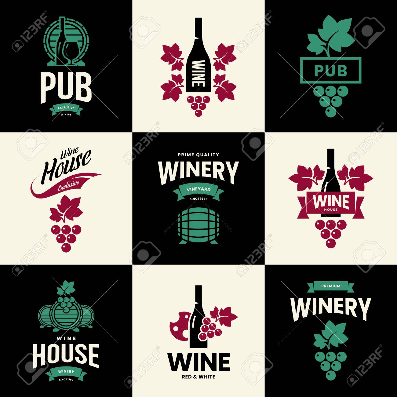 Modern wine vector isolated logo collection for tavern, restaurant, house, shop, store, club and cellar. Premium quality vinery logotype illustration set. Fashion brand badge design template bundle. - 120438792 Modern wine vector isolated logo collection for tavern, restaurant, house, shop, store, club and cellar. Premium quality vinery logotype illustration set. Fashion brand badge design template bundle. - 120438792