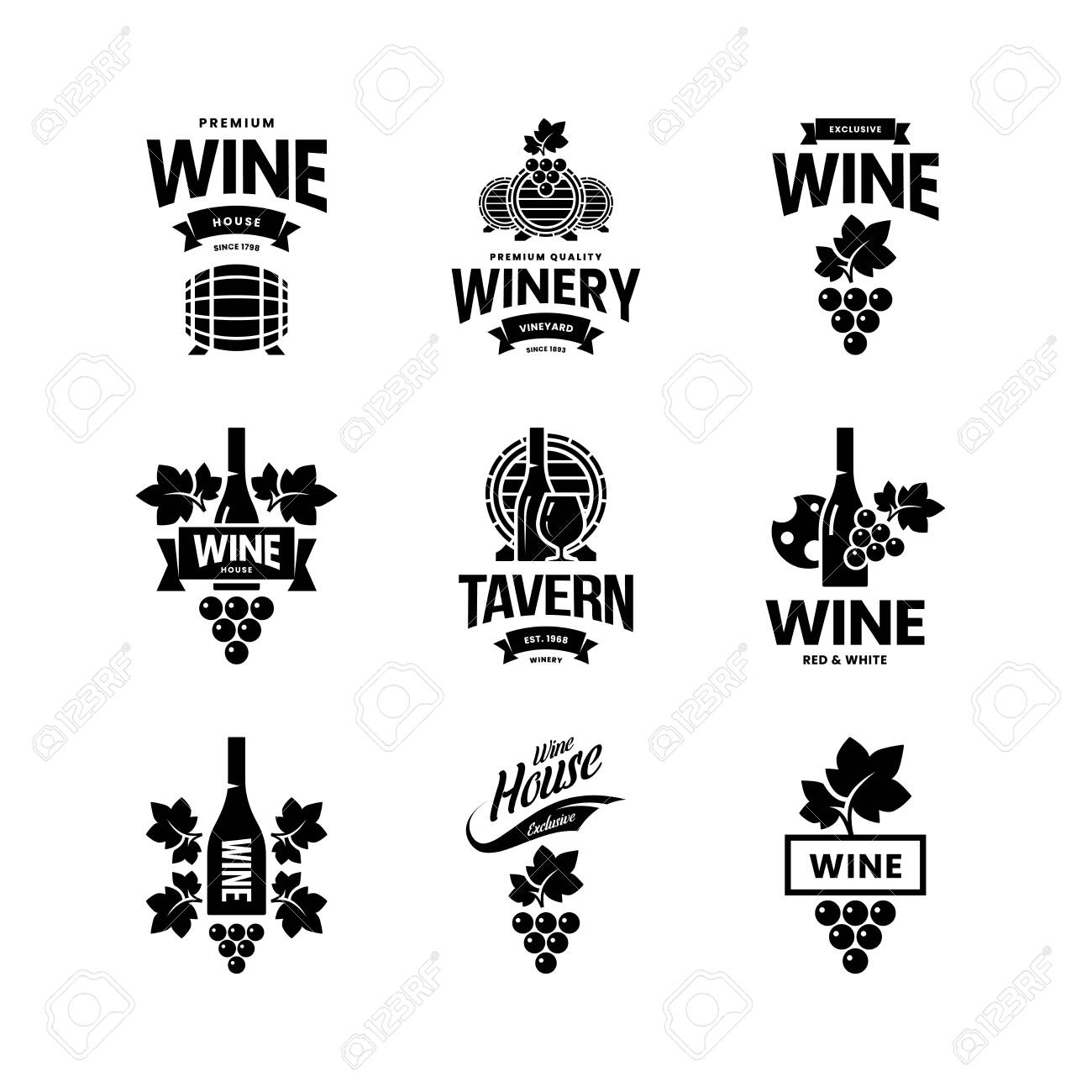 Modern wine vector isolated logo collection for tavern, restaurant, house, shop, store, club and cellar. Premium quality vinery logotype illustration set. Fashion brand badge design template bundle. - 120438821 Modern wine vector isolated logo collection for tavern, restaurant, house, shop, store, club and cellar. Premium quality vinery logotype illustration set. Fashion brand badge design template bundle. - 120438821