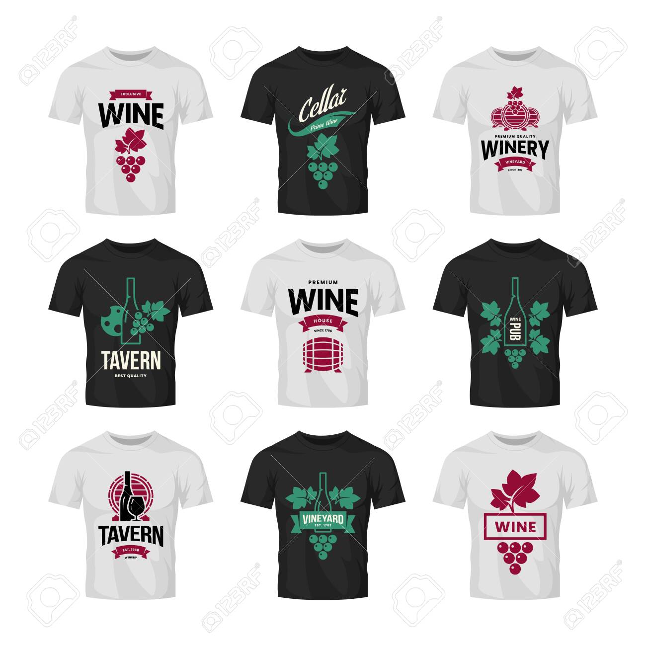Modern wine vector logo collection for tavern, restaurant, shop, store, club and cellar on t-shirt mock up. Premium quality vinery logotype illustration set. Fashion brand badge design template bundle. - 120438823 Modern wine vector logo collection for tavern, restaurant, shop, store, club and cellar on t-shirt mock up. Premium quality vinery logotype illustration set. Fashion brand badge design template bundle. - 120438823