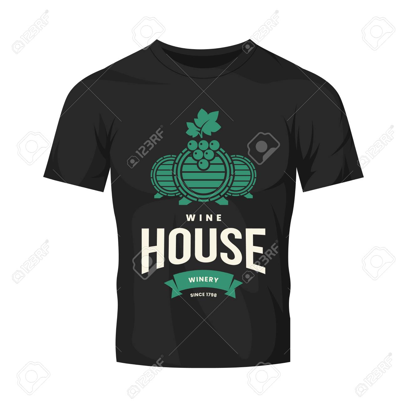Modern wine vector logo sign for tavern, restaurant, house, shop, store, club and cellar isolated on black t-shirt mock up. Premium quality vinery logotype illustration. Fashion badge design template. - 126498880 Modern wine vector logo sign for tavern, restaurant, house, shop, store, club and cellar isolated on black t-shirt mock up. Premium quality vinery logotype illustration. Fashion badge design template. - 126498880