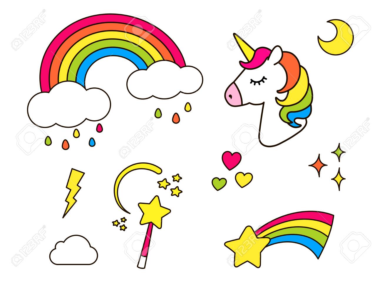 Autocollants Avec Licorne Arc En Ciel Etoile Nuage Baguette Magique Pour Les Filles Cool Elements De Decoration Isoles Sur Blanc Dessin Anime Vectoriel 80s 90s Style Mignon Ensemble De Badges Patchs De Mode Epingles Clip