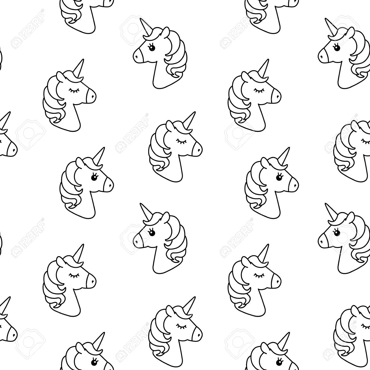 Unicorn Vector Seamless Pattern Horse Head Sleep Black And White Outline Icon Isolated Cute Magic Cartoon Fantasy Animal Dream Symbol Design For Children Textile Texture Baby Interior Stock Photo Picture And Royalty