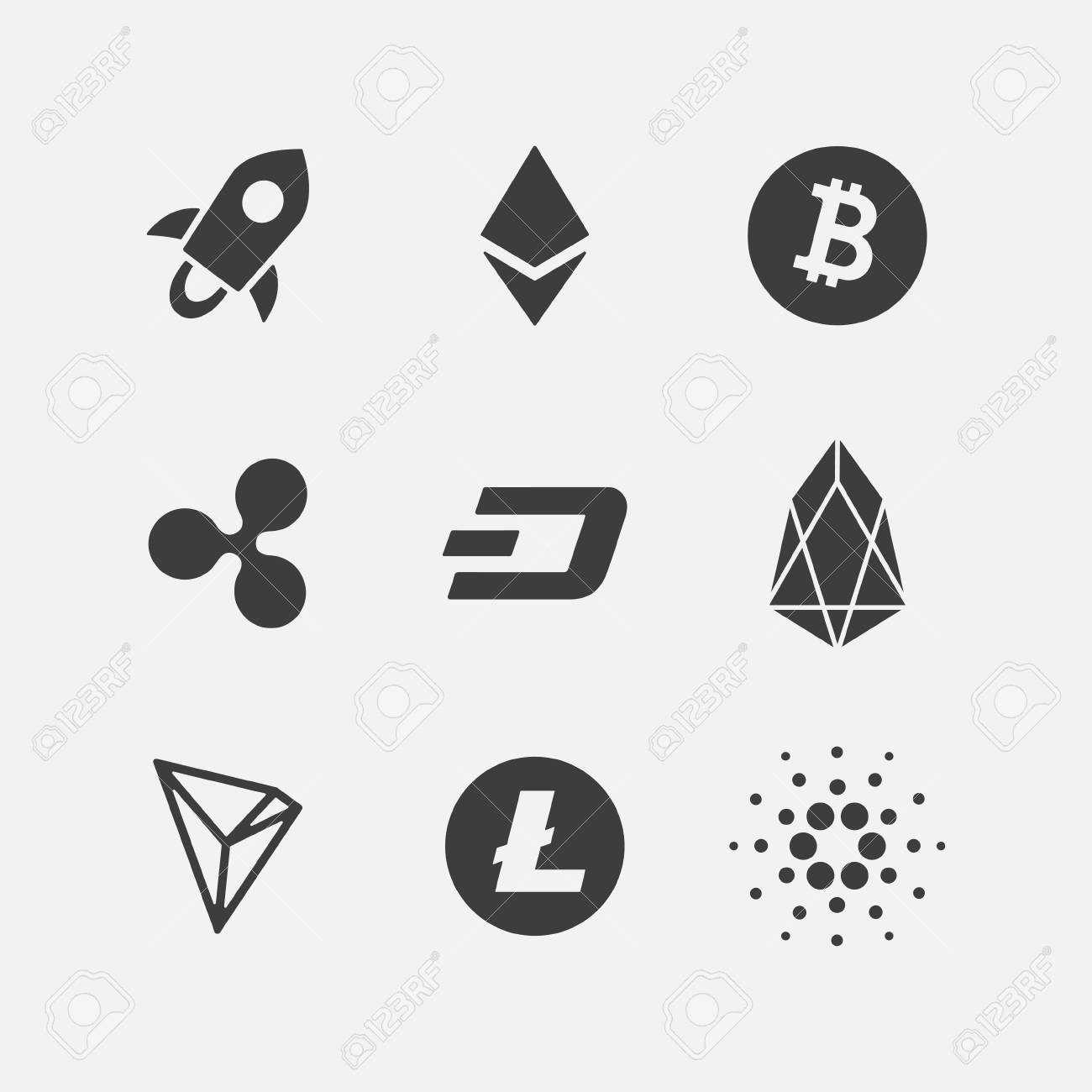 Cryptocurrency Vector Icon Set Black Logo Isolated On White. E-currency,  Payment, Crypto Currency, Cryptocurrency, Blockchain Sign Collection. Flat  Adaptation Design For Web Site, Mobile App, EPS Stock Photo, Picture and  Royalty Free