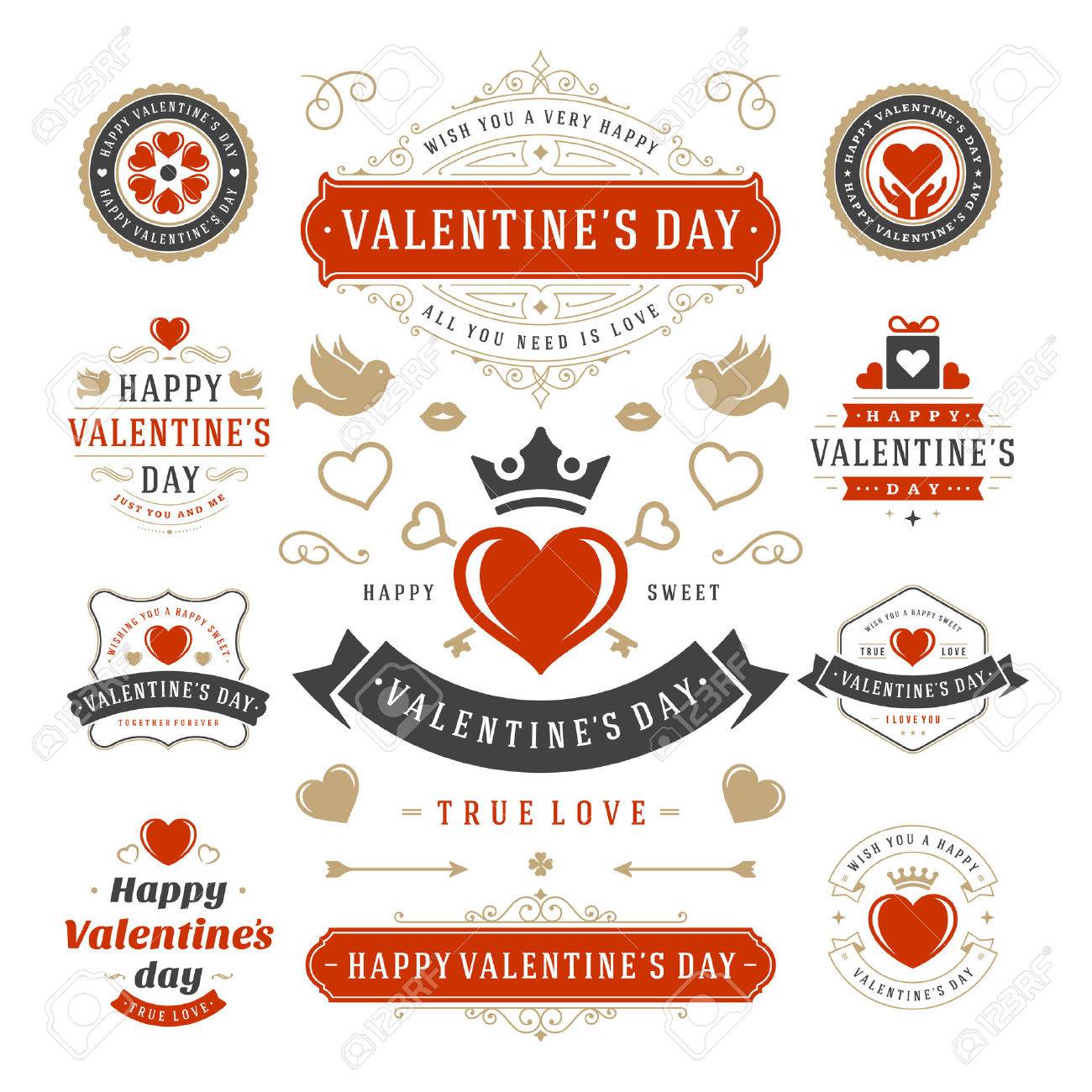 valentine s day labels and cards set heart icons symbols greetings