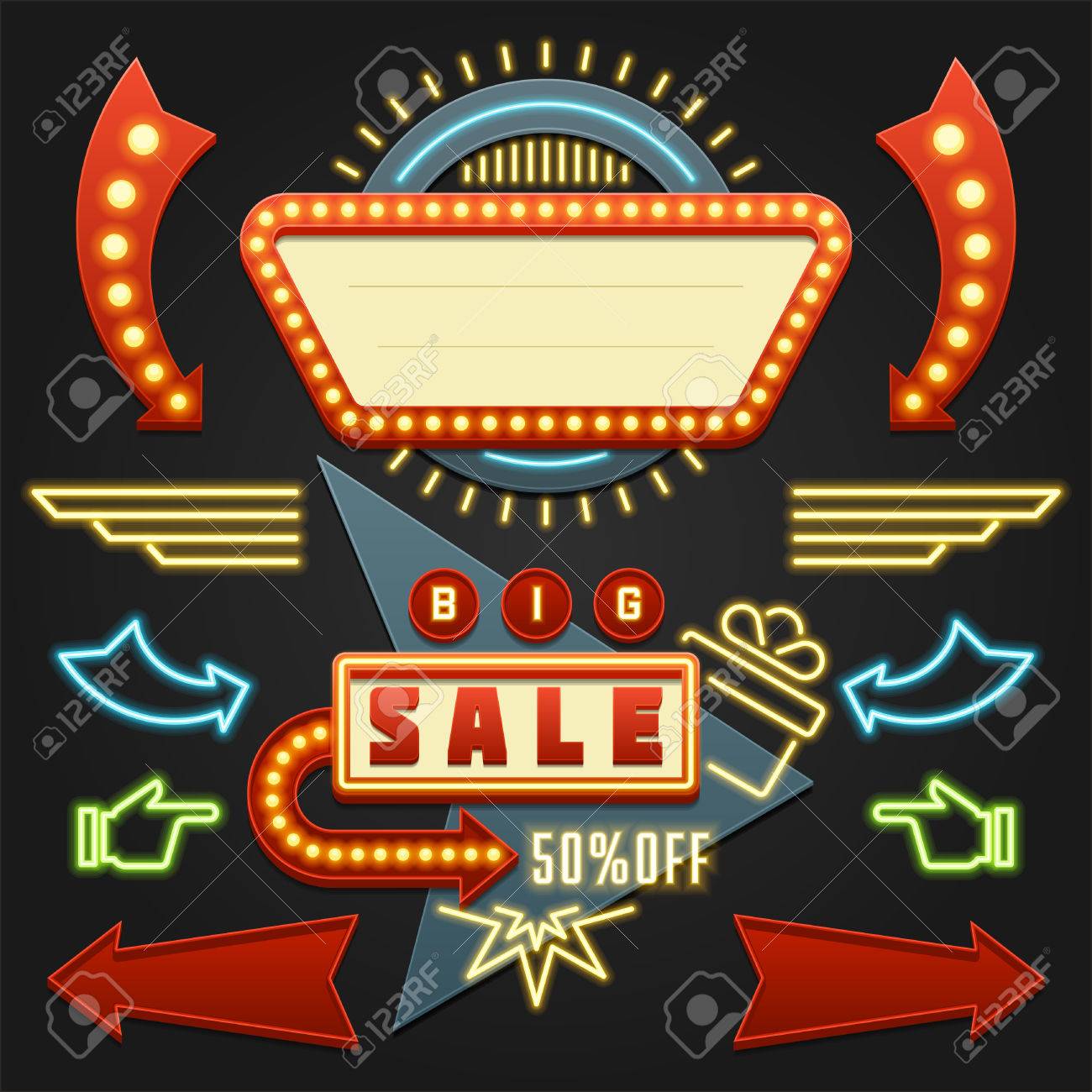 レトロなショータイム サイン デザイン要素セット 明るい看板看板電球 フレーム 矢印 アイコン ネオンランプ アメリカの広告スタイル ベクトル図 1950 年代のサイン デザイン レトロな看板 のイラスト素材 ベクタ Image